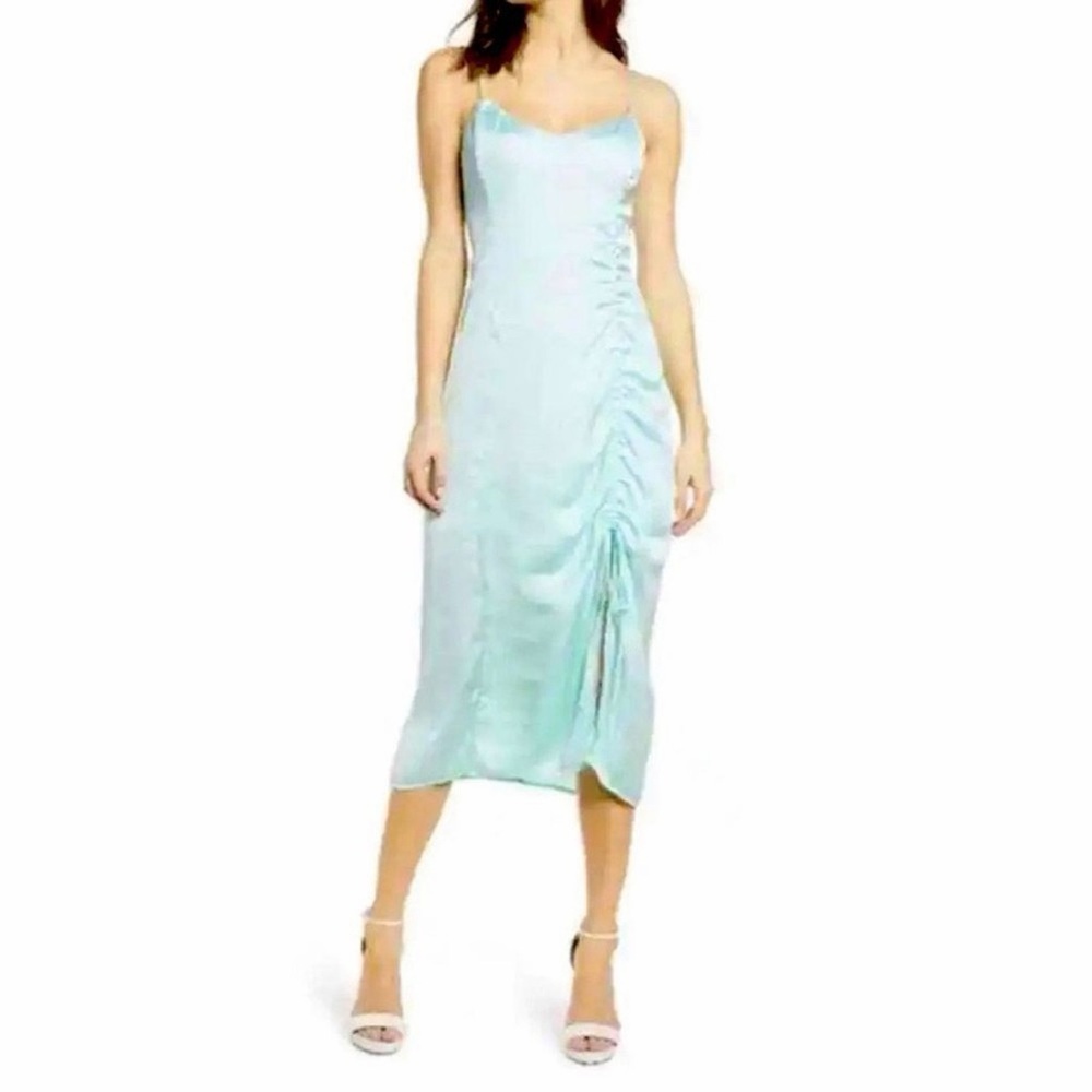 NWOT Leith Satin Mint Ruched Slip Teal Midi Dress coastal vibrant minimalist L